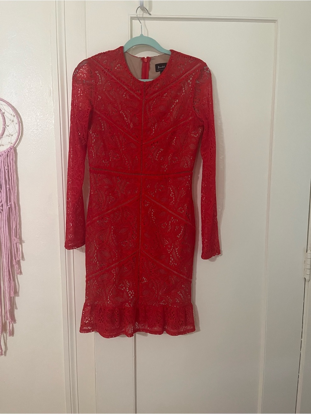 Bardot Red Long-Sleeve Lace Sheath Dress with Ruffled Hem